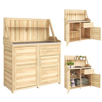 Outsunny Dulap de Grădină din Lemn cu Blat din Metal Galvanizat Sertar și Etajeră 100x45x129,5cm Natural | Aosom Romania