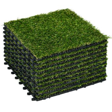 Outsunny Gazon Sintetic 10 Piese Covoraș Gazon Artificial 30x30 cm cu Înălțimea Firului de Iarbă 20 mm și Anti-UV Verde Închis | Aosom Romania