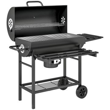 Outsunny Grătar pe cărbuni din oțel BBQ Smoker cu capac mânere termometru roți mobil 114 x 65 x 95 cm | Aosom Romania