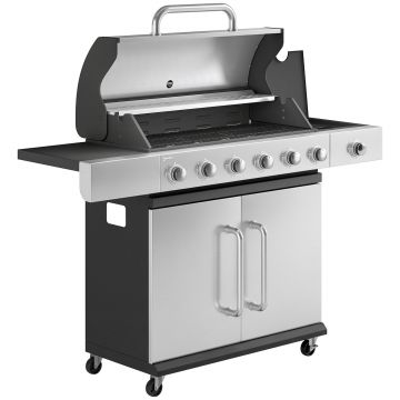 Outsunny Grătar pe gaz 18,6 kW 6+1 arzătoare, cărucior BBQ din oțel inoxidabil cu roți, termometru, raft încălzire, masă laterală, dulap inferior | Aosom Romania
