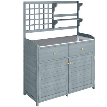 Outsunny Masă de plantat cu dulap inferior pentru exterior, dulap de grădină din lemn cu blat galvanizat, 2 sertare 104x44x140 cm Gri deschis | Aosom Romania
