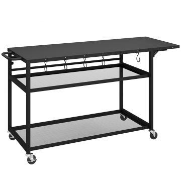 Outsunny Măsuță de grădină cărucior de grătar pe roți cu Blat Lateral Pliabil, Trei Rafturi, 133 x 48,5 x 82 cm, Negru | Aosom Romania