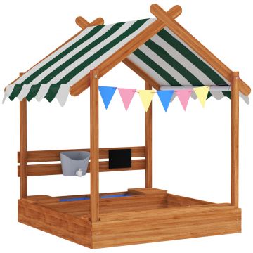 Outsunny Nisipar pentru copii cu copertină 6 fanioane 2 tăvi robinet și tablă în formă de căsuță pentru curte 124x116x146 cm Portocaliu | Aosom Romania