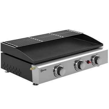 Outsunny Plancha pe gaz din inox, 3 arzătoare, grătar pe gaz cu plită emailată și grilă de menținere la cald, 7,5 kW, 62x44x21cm, Negru | Aosom Romania