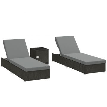 Outsunny Set 2 Șezlonguri de Grădină din Ratan cu Măsuță Laterală și Spătar Reglabil, 184x60x22 cm, Gri Închis | Aosom Romania