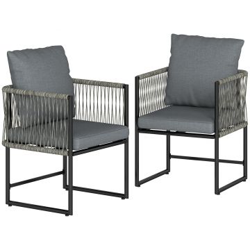 Outsunny Set 2 scaune de grădină rezistente la intemperii din oțel și PE-Rattan cu pernă cotieră spătar 52x52x66 cm Gri închis | Aosom Romania