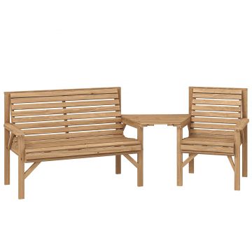 Outsunny Set 3 scaune de grădină, mobilier balcon cu orificiu pentru umbrelă, scaun de grădină, bancă, masă detașabilă 121x65x90 cm Lemn natural | Aosom Romania