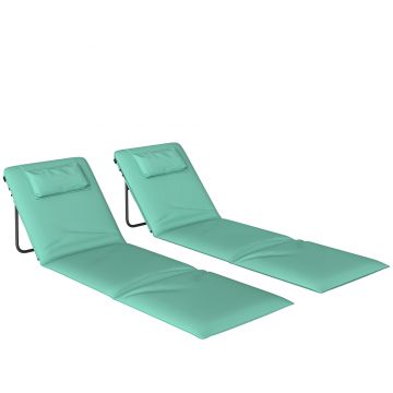 Outsunny Set de 2 Covorașe de Plajă Pliabile cu Spătar Reglabil Tetieră Căptușită 146x50x2 cm Verde | Aosom Romania