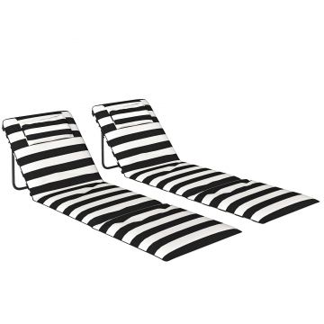 Outsunny Set de 2 șezlonguri de plajă cu tetieră căptușită, din metal și material Oxford, 150x50x2 cm, Gri și Alb | Aosom Romania