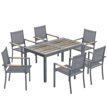 Outsunny Set Mobilier de Grădină 7 Piese Masă Aspect Lemn 6 Scaune Suprapuse din Textilenă 140x80x72cm Gri | Aosom Romania
