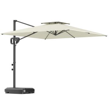 Outsunny Umbrelă cu braț lateral pătrată 2,5 x 2,5 m, umbrelă pentru grădină exterioară, dublă ventilare, înclinabilă, 2 baze, manivelă, Crem | Aosom Romania