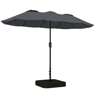 Outsunny Umbrelă Dublă cu 12 Spițe, Manivelă, Bază Metalică și Saci de Nisip, din Metal și Poliester, 3x1.5 m, Gri Închis | Aosom Romania