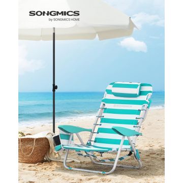 Scaun de plaja / camping, Songmics, se poate purta ca rucsac, spatar reglabil, max 150 kg, verde/alb