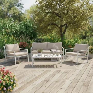 Set mobilier de grădină Gardenly, 4 piese, alb/bej