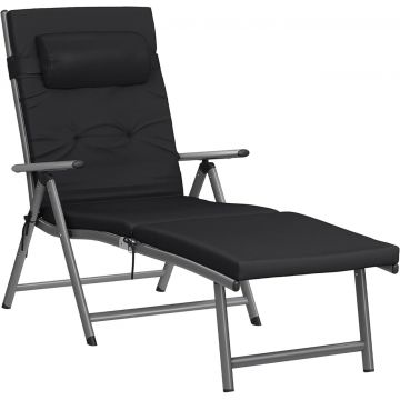 Sezlong pliabil cu saltea de 6 cm si tetiera detasabila, Songmics, max 150 kg, aluminiu rezistent la rugina, negru