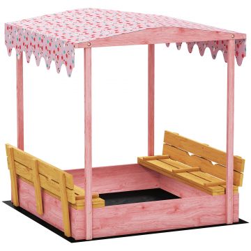 AIYAPLAY Ladă de Nisip pentru Copii 3-6 Ani cu Acoperiș cu Flamingo, Scaune Pliabile, Capac și Husă Incluse, Ladă de Joacă din Lemn de Brad, 134,5x127,5x130 cm, Roz | Aosom Romania