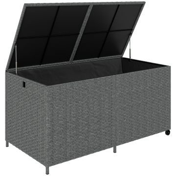 Outsunny Cutie pentru perne din rattan 650 L rezistentă la intemperii rezistent UV cu capac roți spațiu depozitare 150 x 75 x 74 cm Gri închis | Aosom Romania