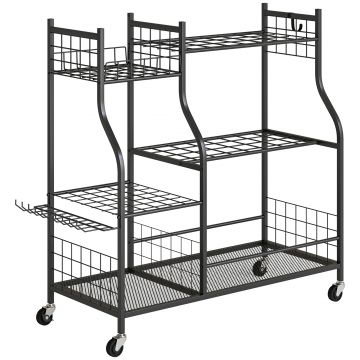 Outsunny Organizator de Ounelte de Grădină în Oțel pe 3 Nivele, 74 Emplacements, 4 Roues, 11 Crochets, 104x40x95cm, Negru | Aosom Romania