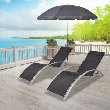 vidaXL Șezlonguri de plajă cu umbrelă, negru, aluminiu