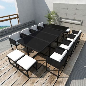 vidaXL Set mobilier de exterior cu perne, 13 piese, negru, poliratan