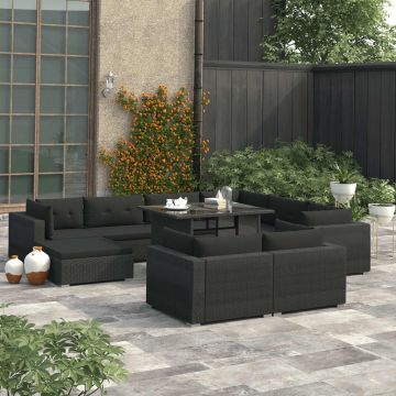 vidaXL Set mobilier de grădină cu perne, 10 piese, negru, poliratan
