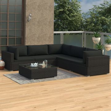 vidaXL Set mobilier de grădină cu perne, 6 piese, negru, poliratan