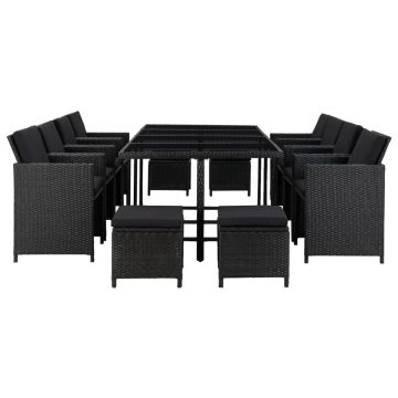 vidaXL Set mobilier de exterior cu perne, 13 piese, negru, poliratan