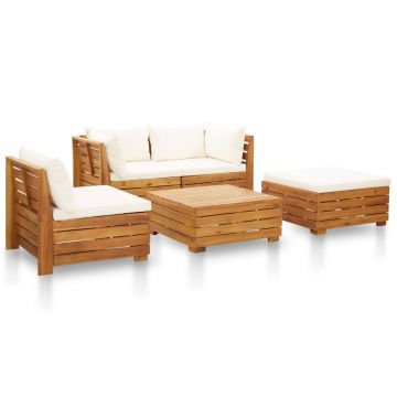 vidaXL Set mobilier grădină cu perne, 5 piese, alb crem, lemn acacia