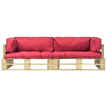 vidaXL Set canapea grădină paleți cu perne roșii, 2 piese, lemn pin
