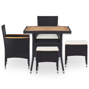 vidaXL Set mobilier de exterior 5 piese, negru, poliratan, lemn acacia