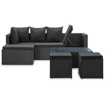 vidaXL Set mobilier de grădină cu perne, 4 piese, negru, poliratan