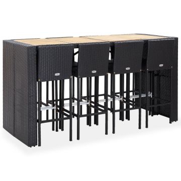 vidaXL Set de bar exterior, 9 piese, negru, poliratan și lemn acacia