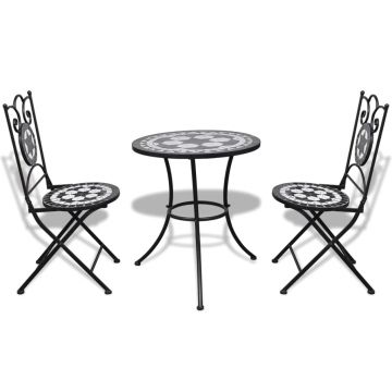 vidaXL Set mobilier bistro, 3 piese, negru/alb, plăci ceramice