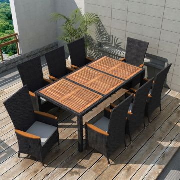 vidaXL Set mobilier de exterior 9 piese negru poliratan lemn de acacia