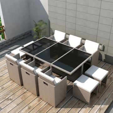 vidaXL Set mobilier de exterior cu perne, 11 piese, bej, poliratan