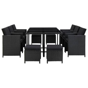 vidaXL Set mobilier de exterior cu perne, 11 piese, negru, poliratan