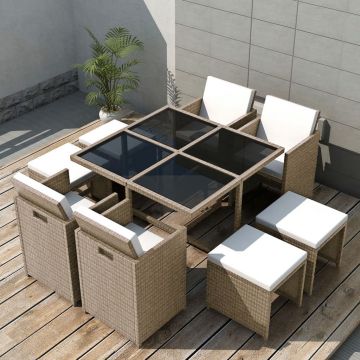 vidaXL Set mobilier de exterior cu perne, 9 piese, bej, poliratan