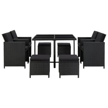 vidaXL Set mobilier de exterior cu perne, 9 piese, negru, poliratan