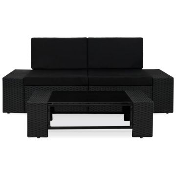 vidaXL Set mobilier de grădină, 3 piese, negru, poliratan