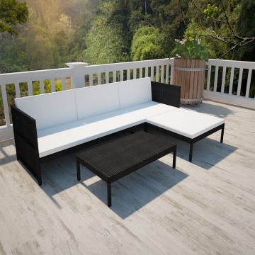 vidaXL Set mobilier de grădină cu perne, 3 piese, negru, poliratan