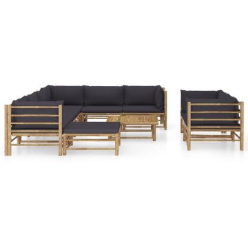 vidaXL Set mobilier de grădină cu perne gri închis, 10 piese, bambus