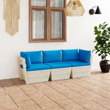 vidaXL Canapea de grădină din paleți, 3 locuri, cu perne, lemn molid