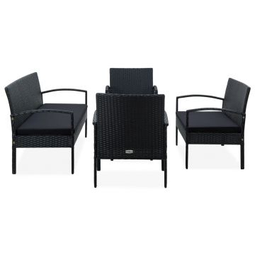 vidaXL Set mobilier de grădină cu perne, 5 piese, negru, poliratan