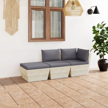 vidaXL Set mobilier grădină din paleți cu perne, 3 piese, lemn molid
