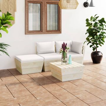 vidaXL Set mobilier grădină din paleți, cu perne, 4 piese, lemn molid