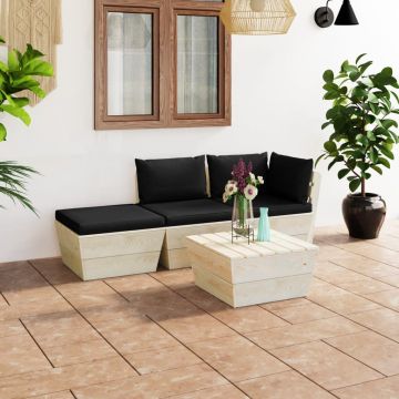 vidaXL Set mobilier grădină din paleți, cu perne, 4 piese, lemn molid