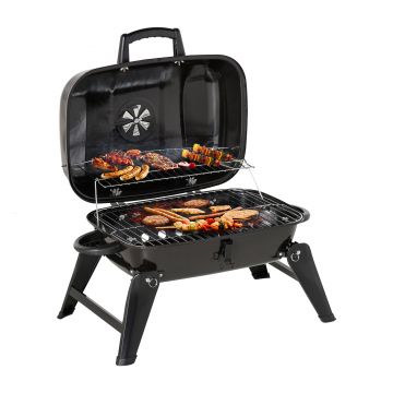 Outsunny Barbecue BBQ Grill de Masa cu Carbune Portabil Pliabil,Fier,Negru, 59x43x36cm