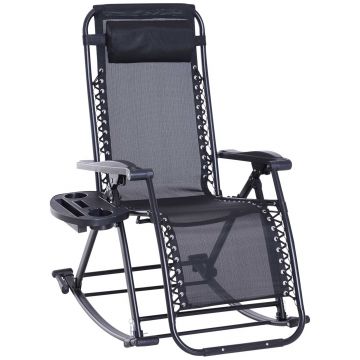 Outsunny Scaun Sezlong tip Leagan Rabatabil cu Taburet si Loc pentru Pahar , Negru, 120x67x102cm 