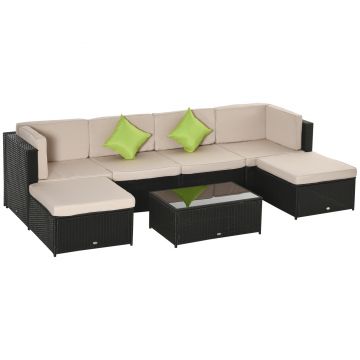 Set 7 Piese Living pentru Exterior Outsunny, PE Rattan, Canapea Puf Masuta Negru, kaki| Aosom RO