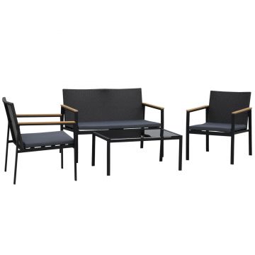 Outsunny Set Mobilier de Grădină din Ratan din 2 Scaune cu Brațe pentru Terasă, Bancă și Masă de Cafea, 80x42x37 cm, Negru | Aosom Romania Outsunny Set Mobilier de Grădină din Ratan din 2 Scaune cu Brațe pentru Terasă, Bancă și Masă de Cafea, 80x42x37 cm, Negru | Aosom Romania